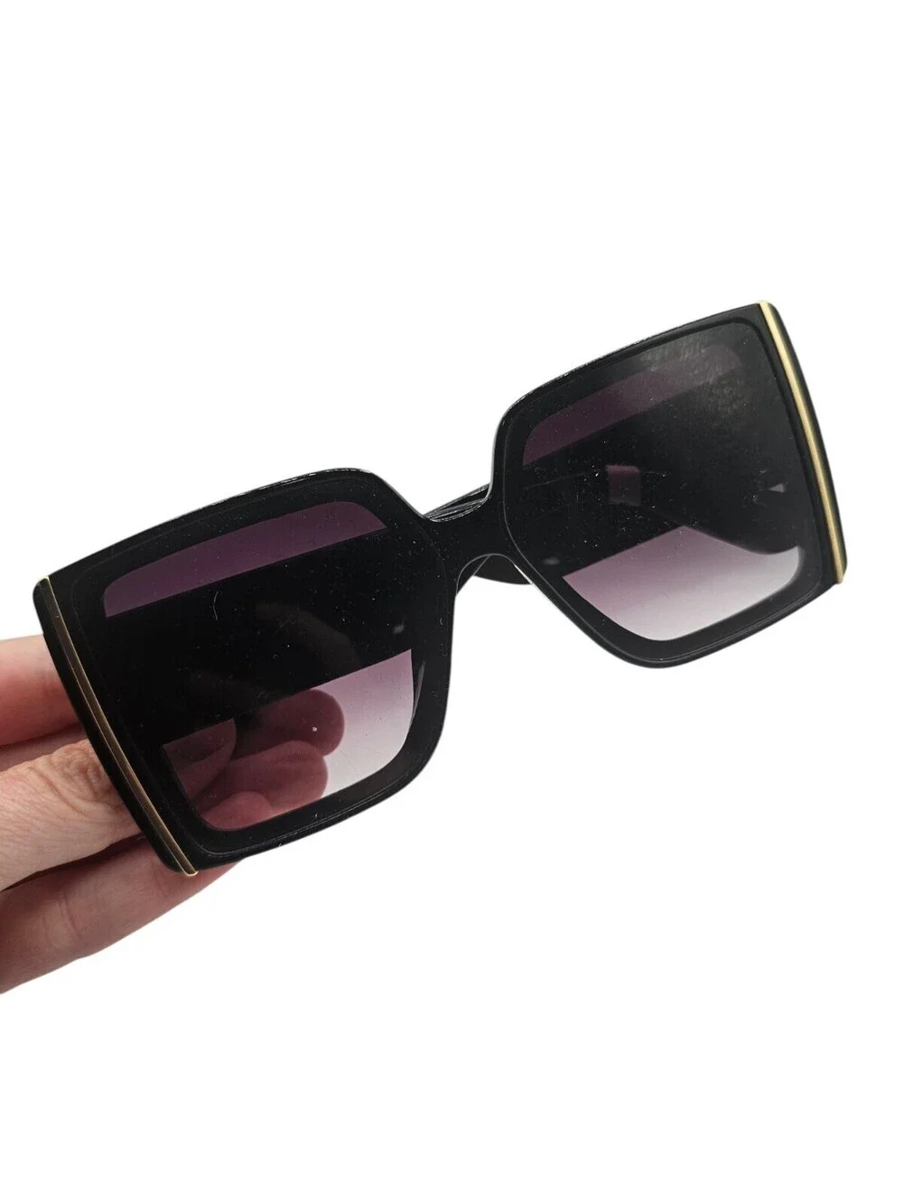 Vintage Mod Inspired Oversized Plastic Frame Sunglasses Black Gold Square